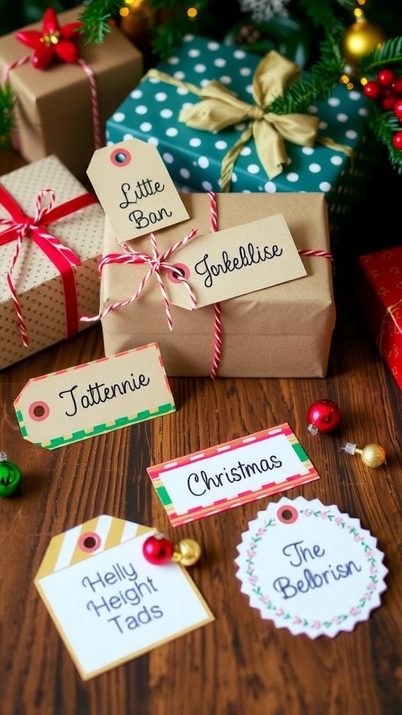 Creative Christmas Gift Name Tag Ideas A variety of creative Christmas gift name tags on a wooden table, showcasing different designs and festive decorations.